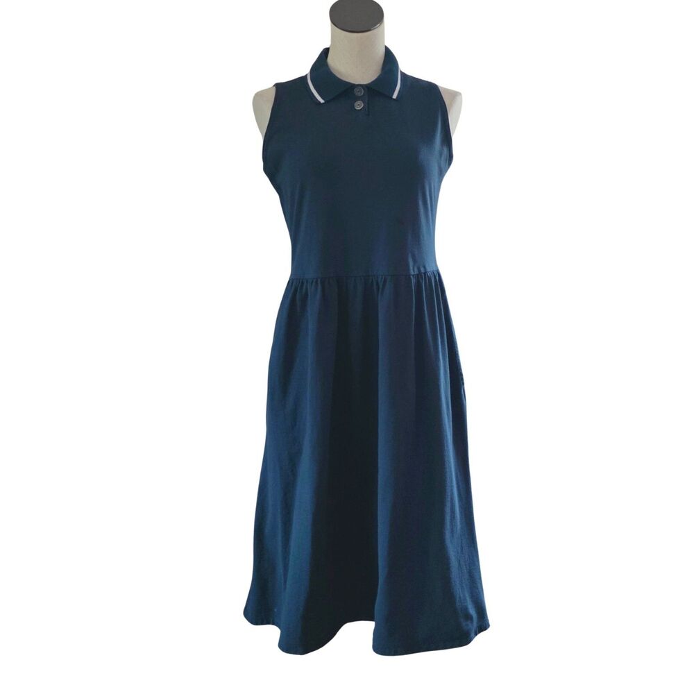 Vintage Sunbelt Size S Navy Sleeveless Dress Nautical USA Pockets Midi Career
